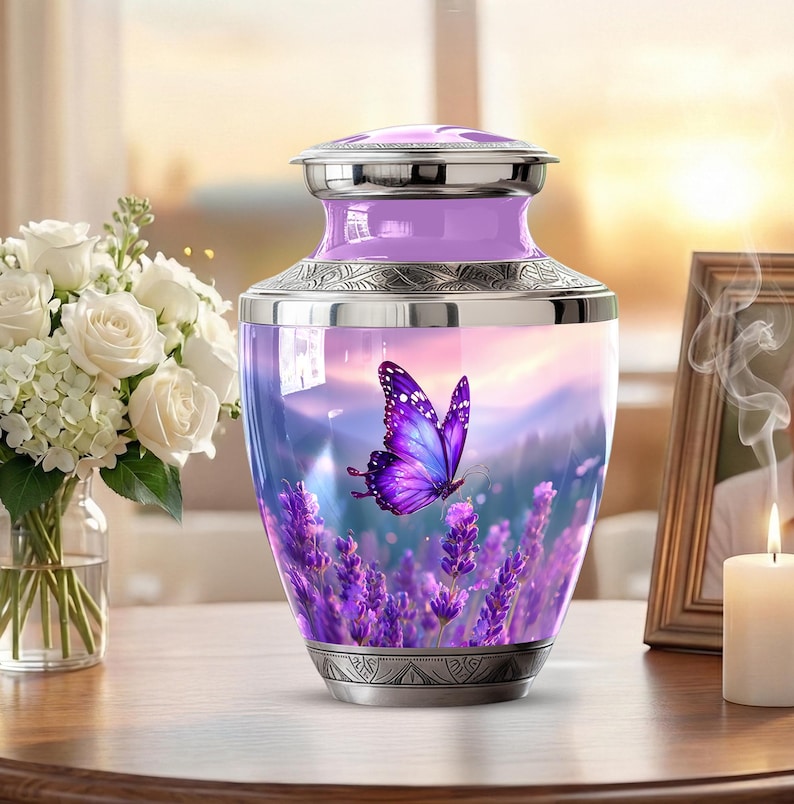 Personalized Butterflies Urn for Ashes - Memorial Urn for Human Ashes, Decorative Keepsake Urn, Funeral Urn, Tribute Urn, Purple Urn for mom image 1