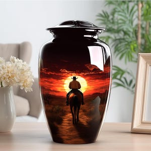 Personalized Cowboy Urn - Sunset Cremation Urn for Ashes - Keepsake Urn for Ashes Dad - Decorative Urn for Dad - Memorial Urns for Ashes