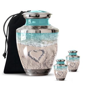 Heart sand cremation urn with beach landscape, beach keepsake urn, handcrafted aluminum urn, sea ashes container, ocean remembrance urn, ocean beach urn, beach cremation urn, ocean cremation urn, beach themed urn for ashes, ocean waves cremation urn, sea wave urn for ashes, sandy beach memorial urn, seashore cremation urn, turquoise ocean urn