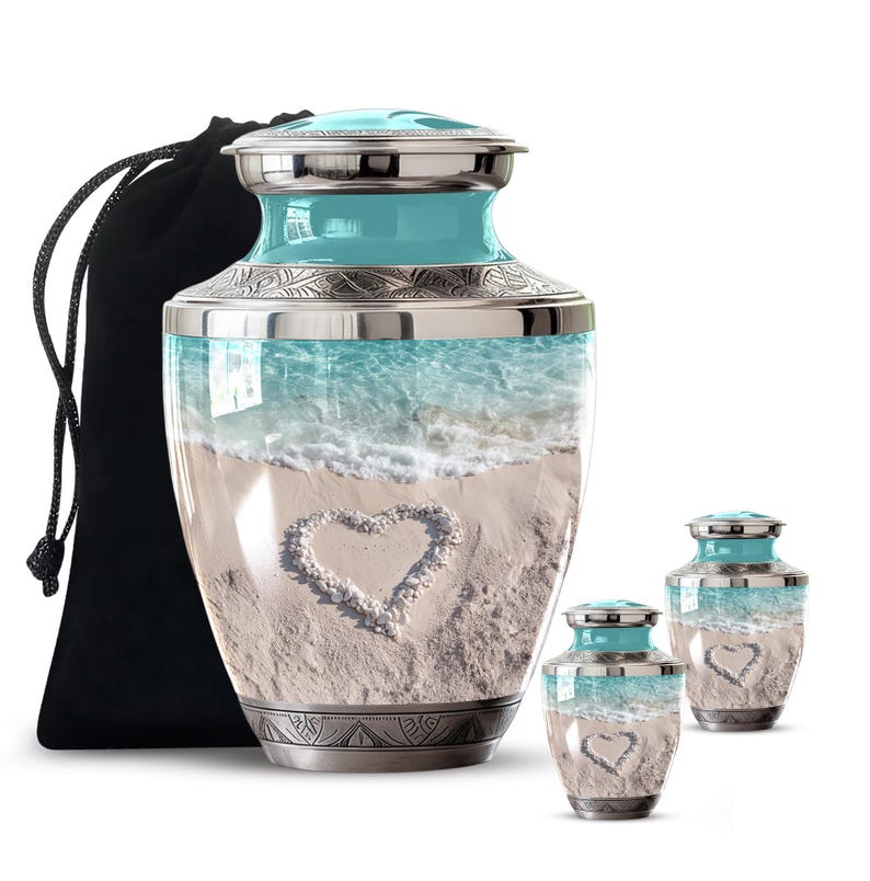 Heart sand cremation urn with beach landscape, beach keepsake urn, handcrafted aluminum urn, sea ashes container, ocean remembrance urn, ocean beach urn, beach cremation urn, ocean cremation urn, beach themed urn for ashes, ocean waves cremation urn, sea wave urn for ashes, sandy beach memorial urn, seashore cremation urn, turquoise ocean urn