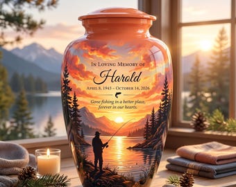 Fishing Urn for Ashes, Sunset Cremation Urn, Gone Fishing Dad Urn, Personalized Lake Memorial Urn, Fisherman Funeral Urn
