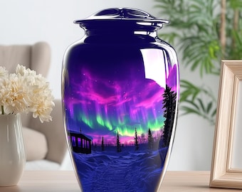 Northern Lights Cremation Urn for Human Ashes, Large Funeral Keepsakes, Aurora Borealis Memorial Urn for Adults, Decorative Urns for Mom