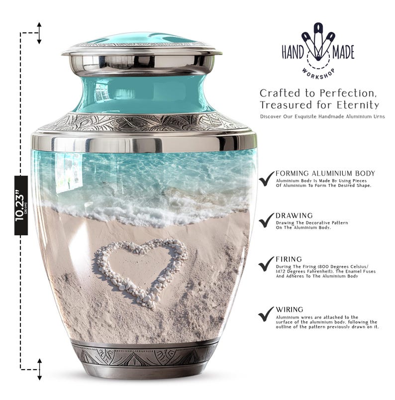 Ocean ashes urn with sea view and starfish details, handcrafted aluminum urn, urn for beach lover, large urn for ashes, memorial urn adult, beach heart urn for ashes, heart in sand cremation urn, ocean heart memorial urn, heart shaped beach urn, sandy beach memorial urn, heart on beach urn, ocean beach urn for ashes, coastal beach urn, beach cremation urn