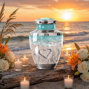 Ocean ashes urn with heart beach theme, sea ashes container, memorial urn adult, ocean themed urn, handmade beach urn, funeral urn with heart, cremation urn, urn for ashes, ocean cremation urn, ocean urn for human ashes, beach themed urn for ashes, coastal cremation urn, ocean waves urn, beach heart urn, coastal memorial urn, ocean beach urn, coastal beach urn, coastal urn, urn for ashes, cremation urn, ocean beach urn for ashes, turquoise ocean urn