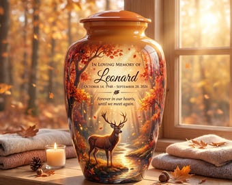 Deer Urn for Ashes, Personalized Sunset Cremation Urn, Autumn Forest Memorial Urn, Stag Wildlife Funeral Urn, Hunter Urn for Dad