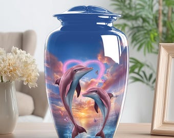 May include: A blue ceramic urn with a glossy finish, featuring a vibrant scene of two dolphins leaping in front of a sunset. A glowing heart shape is above the dolphins. Butterflies and water complete the design.