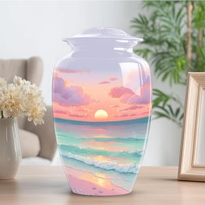 Sunset urn for adult ashes placed on a wooden table with flowers, ideal as a tropical memorial urn or home display piece.