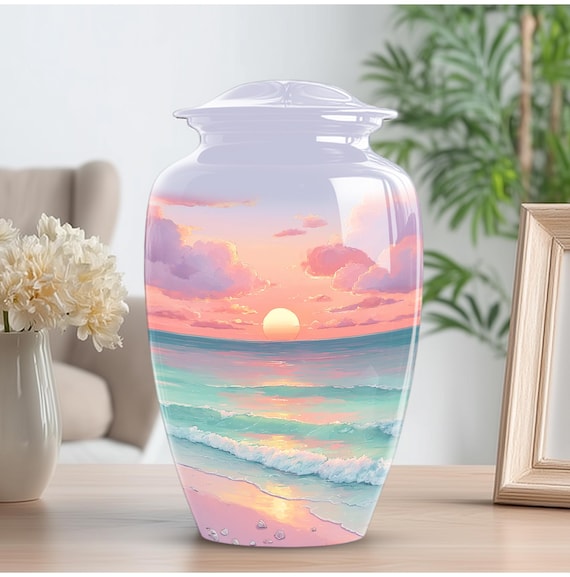 Personalized Sunset Beach Urn for Ashes - Ocean Cremation Urns for Loved ones - Keepsake Set - Handmade Aluminum Adult Memorial Urn