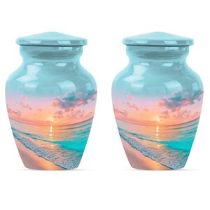 Set of two ashes keepsake urns with ocean sunset art, beach cremation urn style for spiritual memorial and remembrance