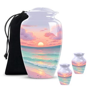 Full size urn for ashes with soft pastel coastal artwork, crafted as a handmade memorial urn for sea lovers.