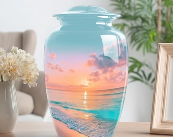 May include: A light blue cremation urn with a glossy finish. The urn features a scenic beach sunset design with a vibrant sky, ocean, and sandy shore. The urn is a decorative memorial for a loved one.