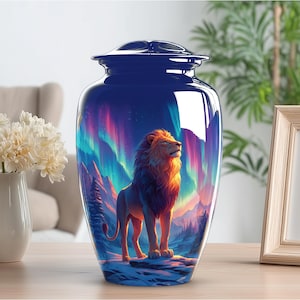Lion Cremation Urn for Ashes: Aluminum Memorial Urn for Mom, Decorative Funeral Keepsakes, Large Urns for Human Ashes Adult Male Dad