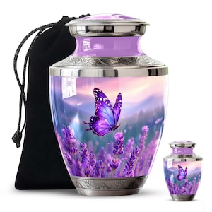 Personalized Butterflies Urn for Ashes - Memorial Urn for Human Ashes, Decorative Keepsake Urn, Funeral Urn, Tribute Urn, Purple Urn for mom 10" 1 Pc & 3" 1 Pcs