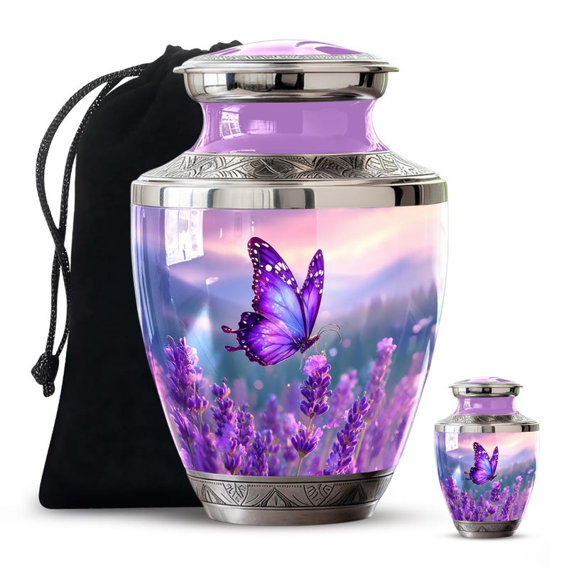 Personalized Butterflies Urn for Ashes - Memorial Urn for Human Ashes, Decorative Keepsake Urn, Funeral Urn, Tribute Urn, Purple Urn for mom 10" 1 Pc & 3" 1 Pcs
