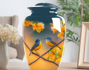 Blue bird Cremation Urn for Human Ashes Adult Female – Large Floral Memorial Urn, Bird Urns for Mom Ashes, Keepsake Urns for Human Ashes