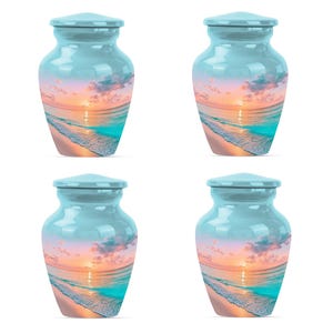 Set of four ashes keepsake urns with matching beach cremation urn artwork, ideal ocean themed urns for family sharing