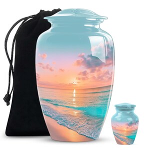 Urn with beach scene and adult ashes urn featuring ocean sunset design, perfect cremation urn gift for beachside tribute