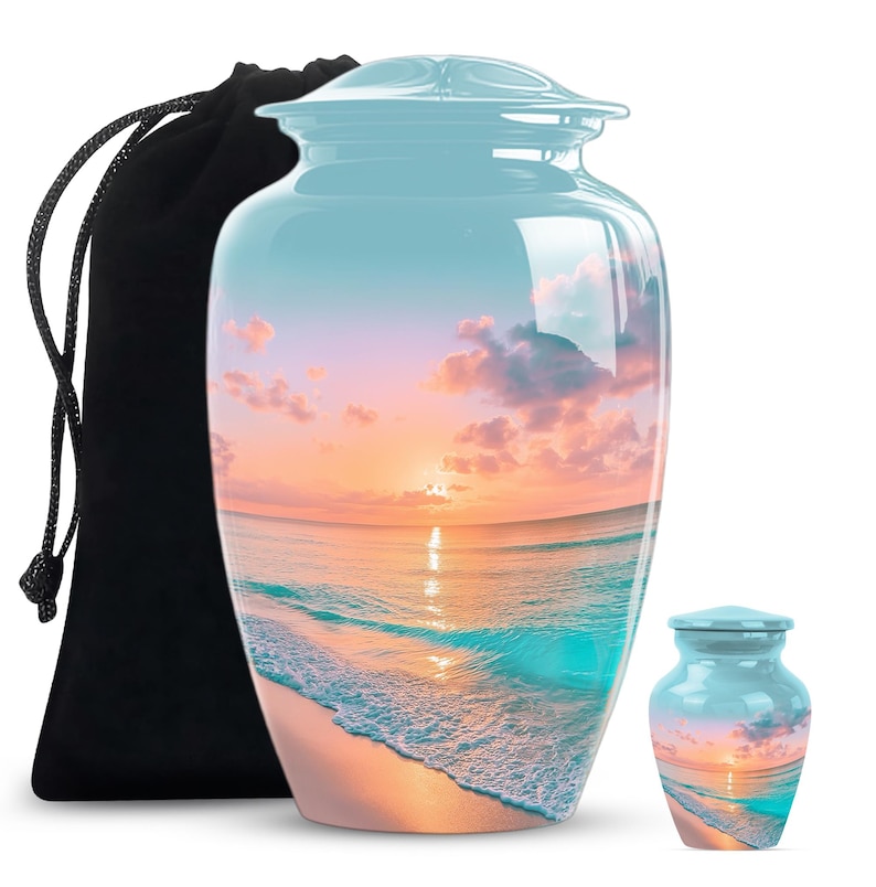 Urn with beach scene and adult ashes urn featuring ocean sunset design, perfect cremation urn gift for beachside tribute