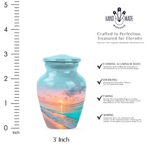 Small 3 inch ashes keepsake urn, handmade funeral urn with sunset beach scene and coastal funeral urn design