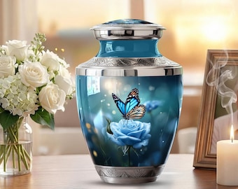 Personalized Butterfly Urn for Ashes Adult, Cremation Urn for Human Ashes, Blue Rose Memorial Urn, Handmade Funeral Urn, Decorative Urn