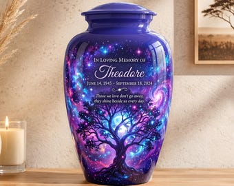 Tree of Life Urn for Ashes, Personalized Galaxy Cremation Urn, Purple Celestial Memorial Urn, Moon and Stars Urn, Cosmic Funeral Urn