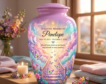 Stairway to Heaven Urn for Ashes, Pink Butterfly Cremation Urn, Personalized Heaven Memorial Urn, Pastel Clouds Urn, Rainbow Bridge Pet Urn