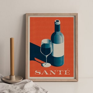 Santé Wine Canvas Wall Print, Red Wine Enthusiast Poster, Red Wine Glass Wall Art, Wall Hangings and Home Decor, Red Wine Bottle Kitchen Art