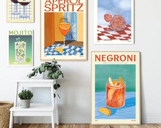 Cocktail Drink Wandkunst, Cocktail Poster für Zuhause oder Küche, Fun Wanddeko, Negroni, Mojito, Aperol Spritz, Espresso Martini, Sangria
