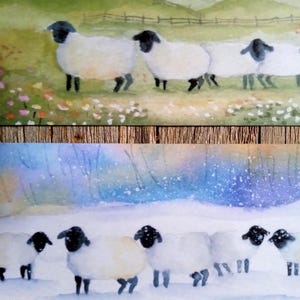 May include: Two watercolor paintings featuring sheep. The top painting shows sheep in a field with flowers, while the bottom painting depicts sheep in a snowy landscape. The sheep have white bodies and black heads.