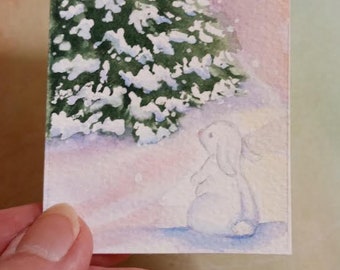 ACEO (2.5" x 3.5") Original Watercolor Snow Bunny Painting, Hand Painted