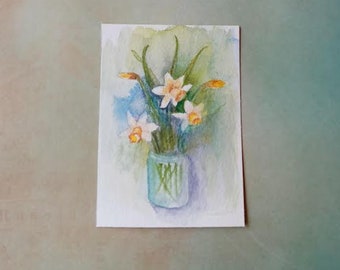 Original Watercolor ACEO, Floral Painting of Daffodils