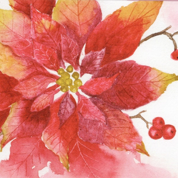Red Poinsettia Watercolor Print A7 (5" x 7") Card  Christmas Scripture Luke 2: 10-11