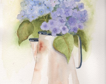 Original Watercolor Hydrangea in Enamelware Coffee Pot, Floral Watercolor