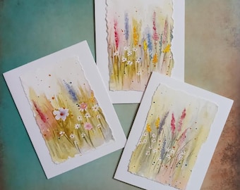 Original Watercolor A2 cards (4.25" x 5.5") 3 Note Cards with Hand Painted Wildflowers, Blank Inside
