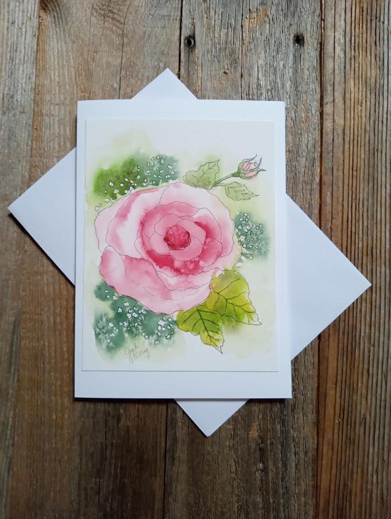 Pink Rose Watercolor Card: Original Hand-painted A7 Note Card - Etsy