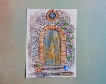 Line and Wash ACEO Original Watercolor Rustic Door Painting