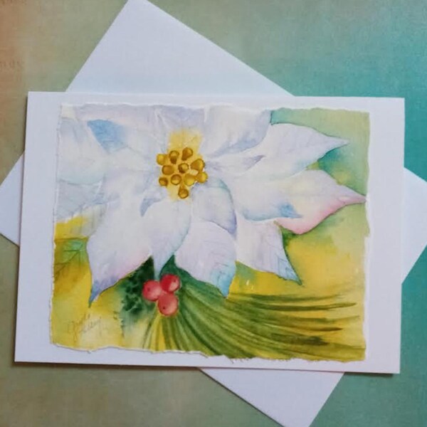 Original Watercolor white Poinsettia,  A7 Card (5" x 7") blank or with Christmas Message or Scriptures