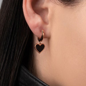 Black Enamel Heart Hoop Earrings | Huggie Valentine Earrings | Gift for Her | Handmade Minimalist Jewelry | Mother&#39;s Day Gift