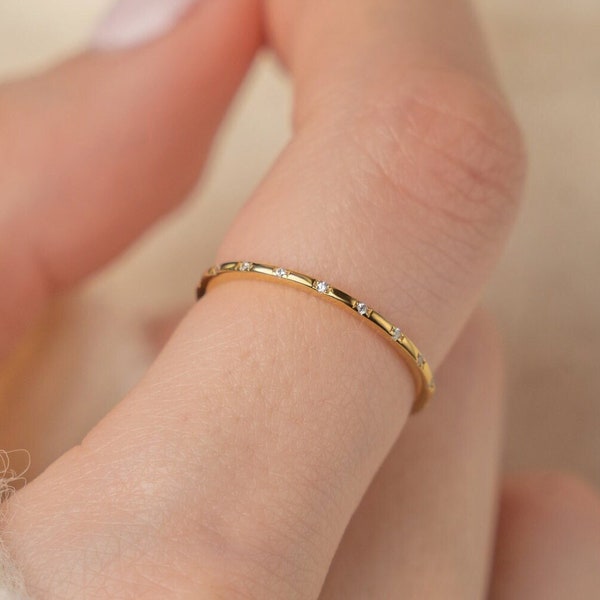 Dainty ultra thin tiny minimalist pave multi stone ring cubic zirconia 18k gold vermeil over solid 925 sterling silver