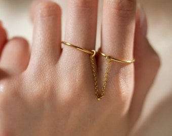 Double Finger Chain Ring  | 18k Gold Filled Dainty Band Rings | Minimalist Jewelry | Gift for Her