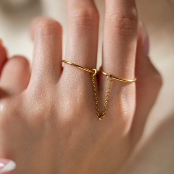Double Finger Chain Ring  | 18k Gold Filled Dainty Band Rings | Minimalist Jewelry | Gift for Her