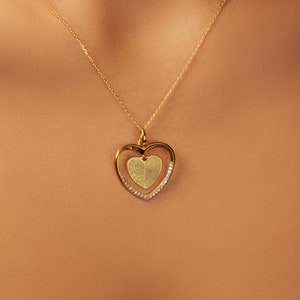 Personalized 18K Gold Plated Heart Fingerprint Necklace: Sterling Silver CZ Stones