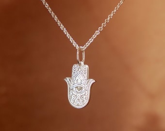 Sterling Silver Hamsa Necklace – 18k Gold Plated Option, Hand of God Jewelry