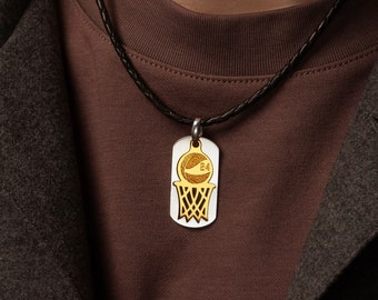 Men's Personalized Sterling Silver Rhodium Plated Basketball Necklace Pendant Leather Cord | 18K Gold Plated Necklace | Father's Day Gift