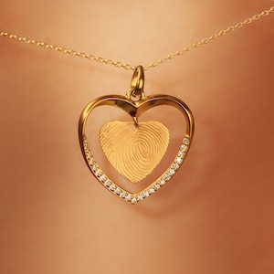 Personalized Fingerprint Heart Necklace: 18K Gold Plated Sterling Silver CZ