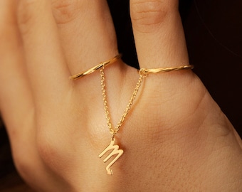 Dainty Diamond-Cut Stacking Rings With Chain and Zodiac sign Charm