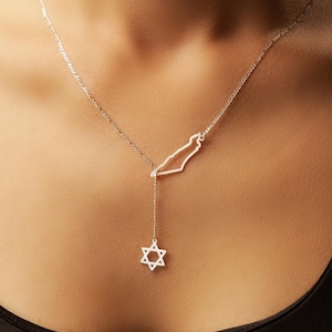 Pendentif carte d'Israël et mini étoile de David en argent sterling plaqué rhodium | Cadeau juif | Charm symbole d'Israël