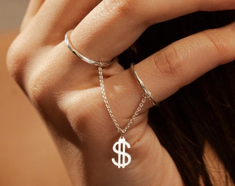 Dainty Diamond-Cut Stacking Rings With Chain and Dollar Charm