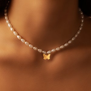 Freshwater Pearl Choker: Sterling Silver Butterfly Pendant Necklace