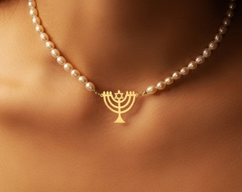 Freshwater Pearl Choker: Sterling Silver Hanukkah Menorah Necklace